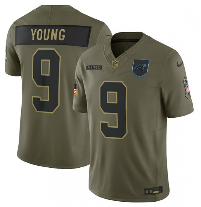 Men's Carolina Panthers #9 Bryce Young Olive 2025 Salute to Service Limited Football Stitched Jersey