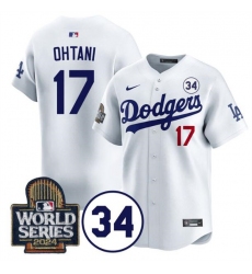 Men's Los Angeles Dodgers #17 Shohei Ohtani White 2024 World Series With No. 34 Limited Stitched Baseball Jersey