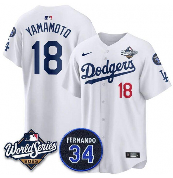 Men's Los Angeles Dodgers #18 Yoshinobu Yamamoto White 2025 World Series With No. 34 Limited Stitched Jersey