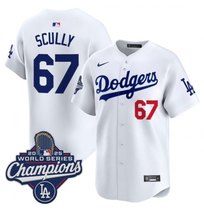 Men's Los Angeles Dodgers #67 Vin Scully White 2025 Champions Stitched Baseball Jersey