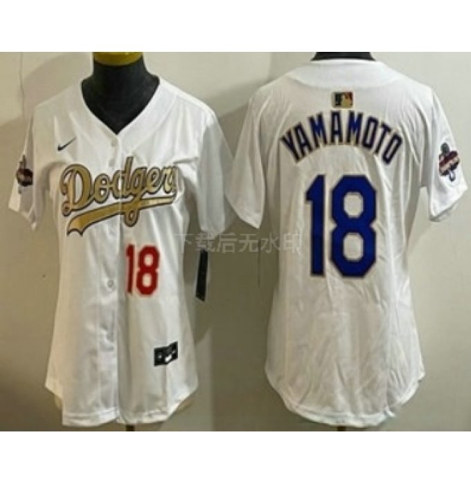 Women's Los Angeles Dodgers #18 Yoshinobu Yamamoto White Gold Champions Limited Jersey