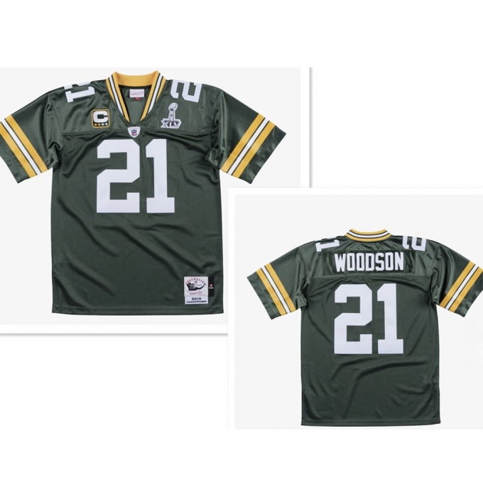 Men's Green Bay Packers #21 Charles Woodson Green With 2-star captains' and Super Bowl XLV 2010 Throwback Jersey