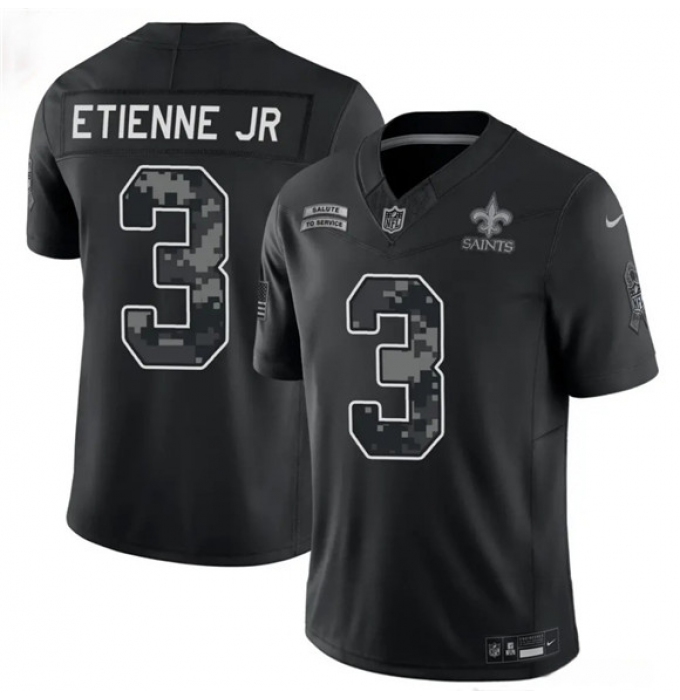 Men's New Orleans Saints #3 Travis Etienne Jr Black F.U.S.E. 2026 Salute to Service Limited Football Stitched Jersey