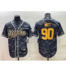 Men's Pittsburgh Steelers #90 TJ Watt Grey Navy Camo With Patch Cool Base Stitched Baseball Jersey