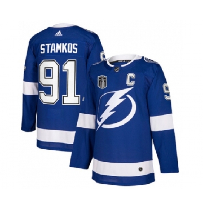 Men's Tampa Bay Lightning #91 Steven Stamkos 2022 Blue Stanley Cup Final Patch Stitched Jersey