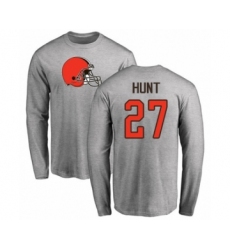 Football Cleveland Browns #27 Kareem Hunt Ash Name & Number Logo Long Sleeve T-Shirt