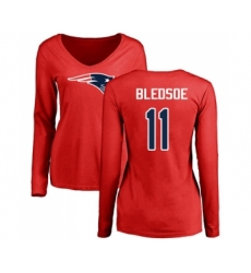 Football Women's New England Patriots #11 Drew Bledsoe Red Name & Number Logo Slim Fit Long Sleeve T-Shirt