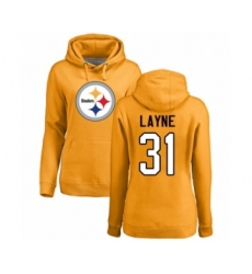 Women's Pittsburgh Steelers #31 Justin Layne Gold Name & Number Logo Pullover Hoodie