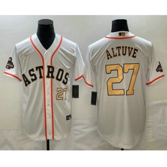 Men's Houston Astros #27 Jose Altuve Number 2023 White Gold World Serise Champions Cool Base Stitched Jerseys
