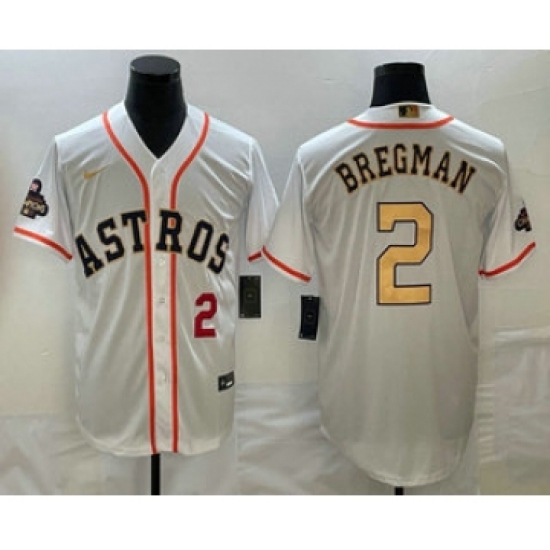 Men's Houston Astros #2 Alex Bregman Number 2023 White Gold World Serise Champions Cool Base Stitched Jerseys
