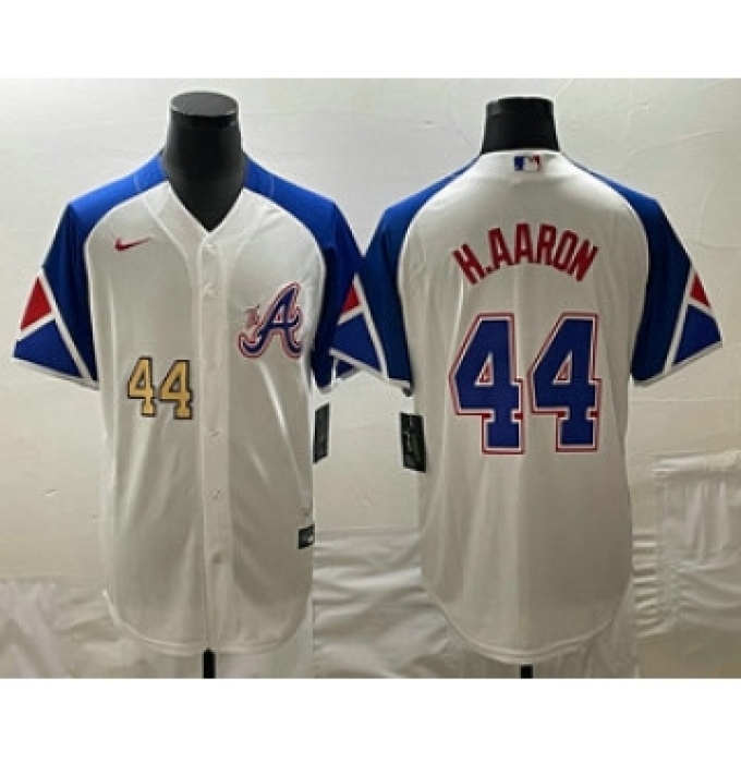 Men's Atlanta Braves #44 Hank Aaron Number White 2023 City Connect Cool Base Stitched Jerseys