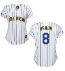 Women's Majestic Milwaukee Brewers #8 Ryan Braun Authentic White/Blue Strip MLB Jersey
