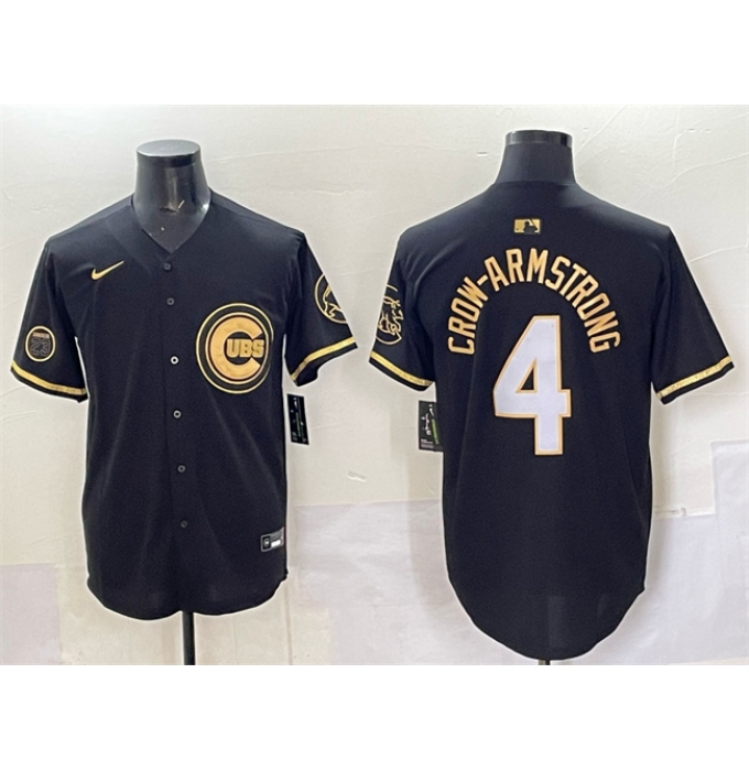 Men's Chicago Cubs #4 Pete Crow-Armstrong Black Gold 'Ryne Sandberg Tribute' Vapor Limited V2 Stitched Baseball Jersey