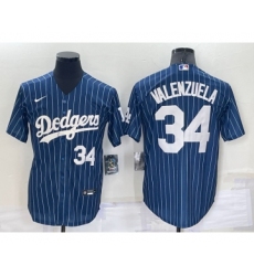 Men's Los Angeles Dodgers #34 Fernando Valenzuela Number Navy Blue Pinstripe Stitched MLB Cool Base Nike Jersey