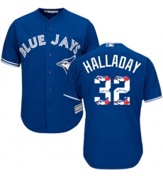 Men's Majestic Toronto Blue Jays #32 Roy Halladay Authentic Blue Team Logo Fashion MLB Jersey