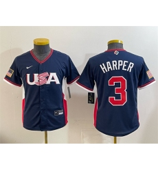 Youth USA Baseball #3 Bryce Harper Navy 2026 World Baseball Classic Stadium Stitched Baseball Jersey