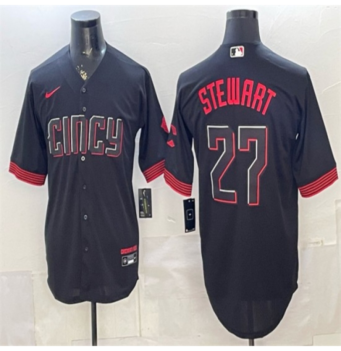 Men's Cincinnati Reds #27 Sal Stewart Black City Connect Cool Base Stitched Baseball Jersey