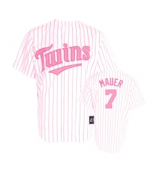 Women's Majestic Minnesota Twins #7 Joe Mauer Authentic White/Pink Strip MLB Jersey