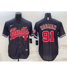 Men's Chicago Bulls #91 Dennis Rodman Black Pinstripe With Patch Cool Base Stitched Baseball Jersey