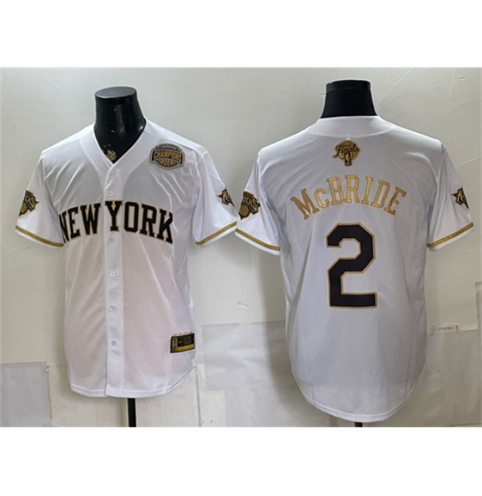 Men's New York Knicks #2 Miles McBride White Gold 2026 Finals & Eastern Conference Champions Stitched Baseball Jersey