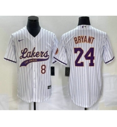 Men's Los Angeles Lakers #8 #24 Kobe Bryant White Pinstripe Cool Base Stitched Baseball Jersey