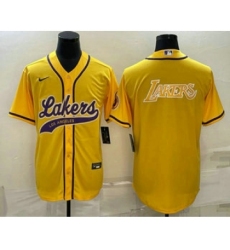 Men's Los Angeles Lakers Yellow Big Logo Cool Base Stitched Baseball Jersey