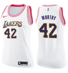 Women's Nike Los Angeles Lakers #42 James Worthy Swingman White/Pink Fashion NBA Jersey