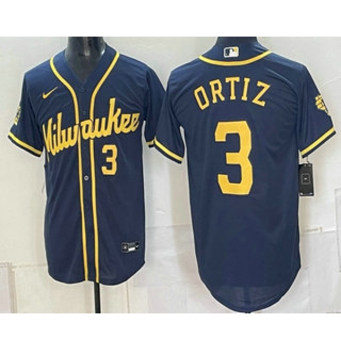 Men's Milwaukee Brewers #3 Joey Ortiz Navy Cool Base Stitched Jersey