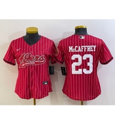 Women's San Francisco 49ers #23 Christian McCaffrey Red Pinstripe With Patch Cool Base Stitched Baseball Jersey