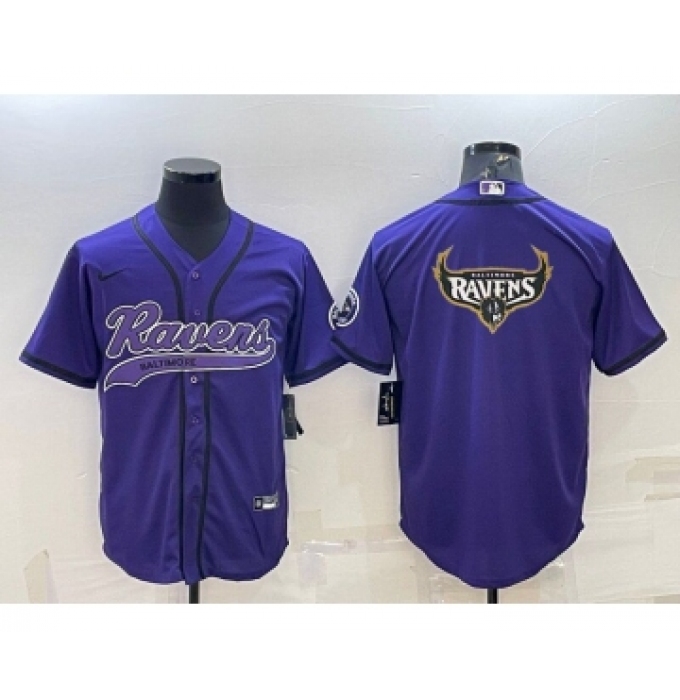 Men's Baltimore Ravens Purple Team Big Logo With Patch Cool Base Stitched Baseball Jersey