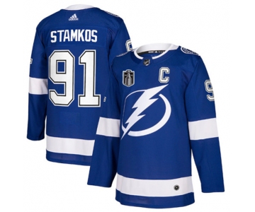 Men's Tampa Bay Lightning #91 Steven Stamkos 2022 Blue Stanley Cup Final Patch Stitched Jersey